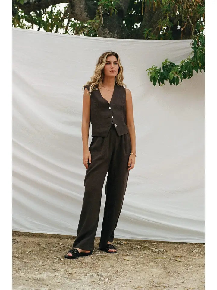 Wabi Pleated Linen Trousers in Chocolate by Arkitaip