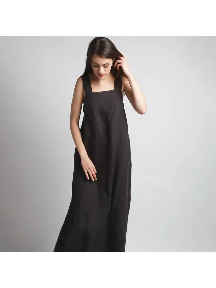 Long Wide Strap Linen Dress with Belt