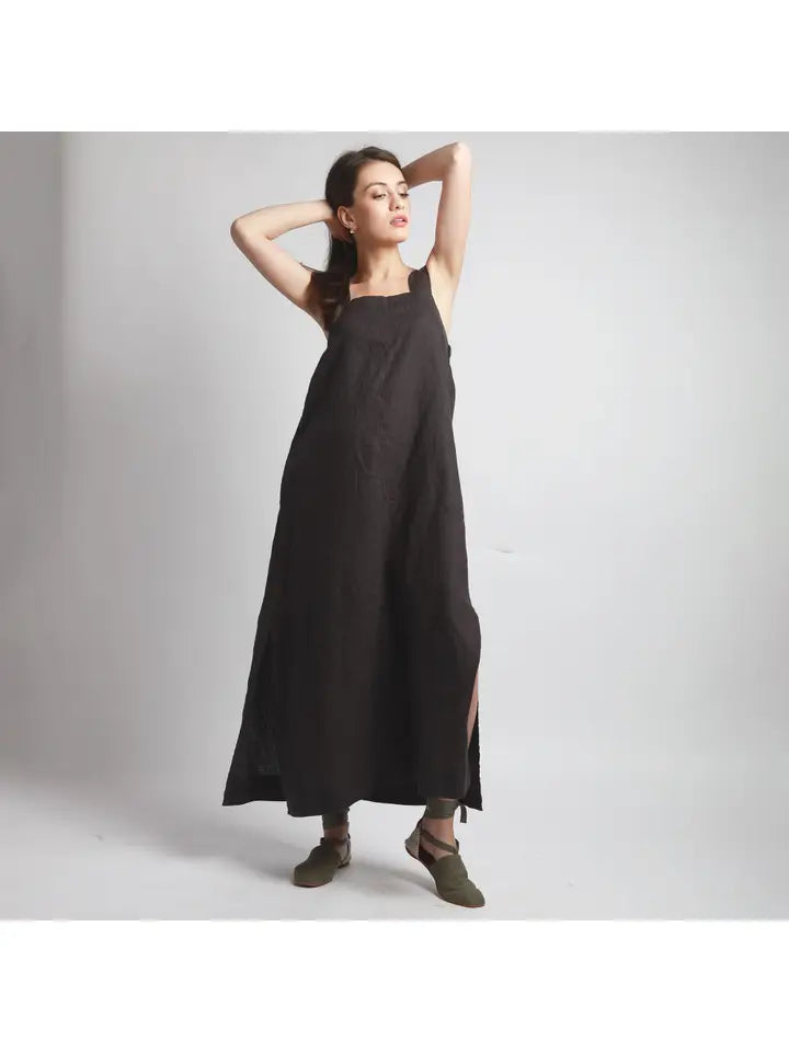 Long Wide Strap Linen Dress with Belt