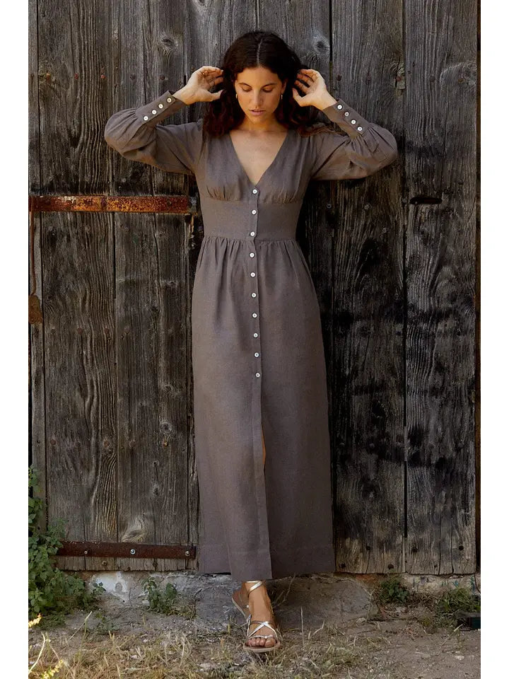 Gertrude Linen Maxi Dress in Mocha by Arkitaip