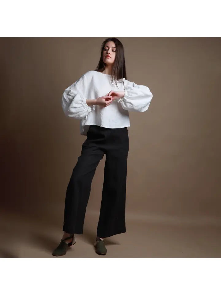 Puff Sleeve Cropped Linen Shirt with Back Ties Off White