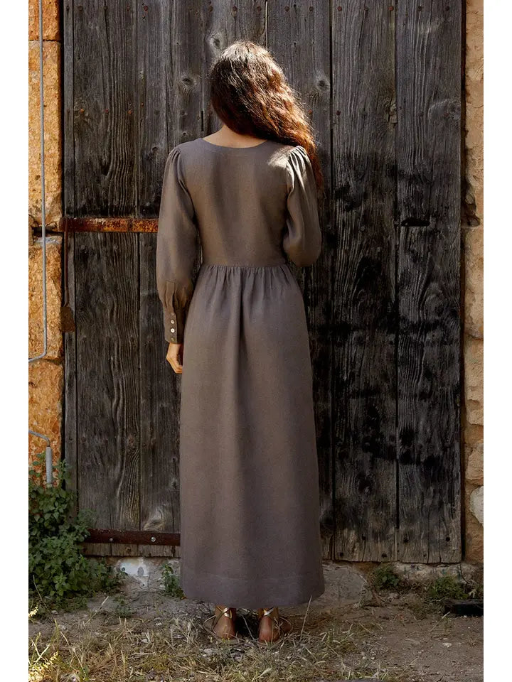 Gertrude Linen Maxi Dress in Mocha by Arkitaip