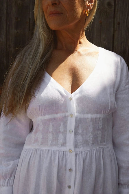 Gertrude Linen Maxi Dress in White by Arkitaip