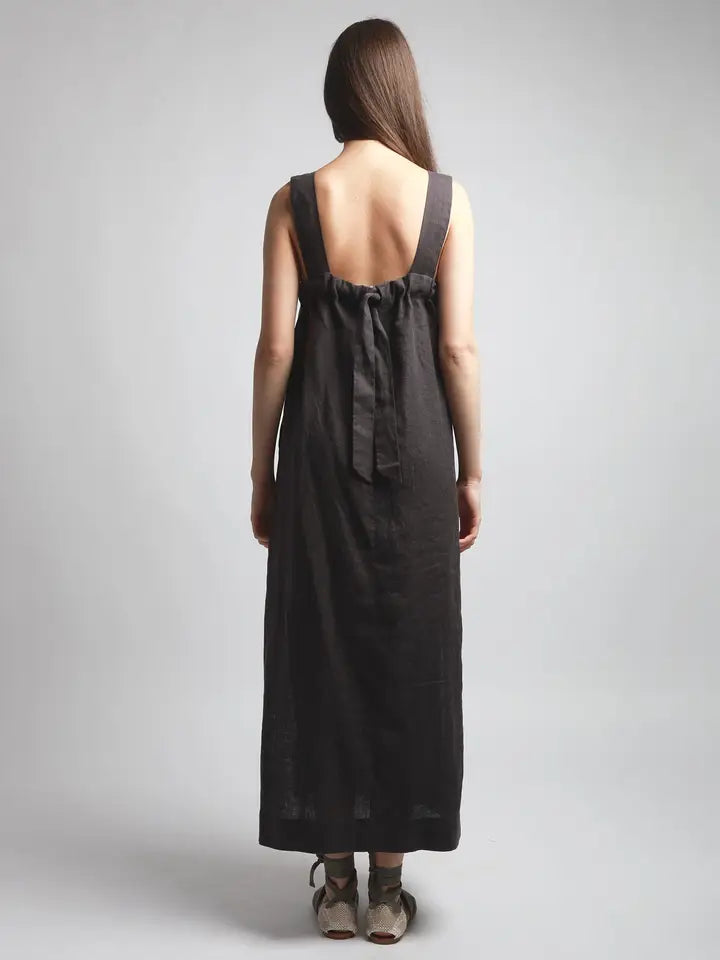 Long Wide Strap Linen Dress with Belt