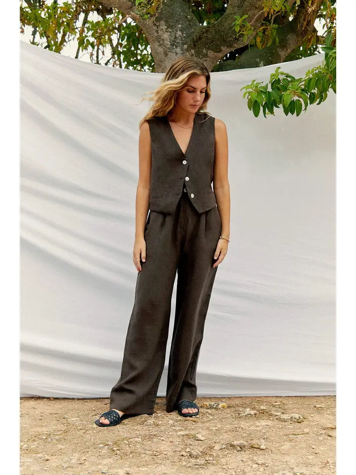 Wabi Pleated Linen Trousers in Chocolate by Arkitaip