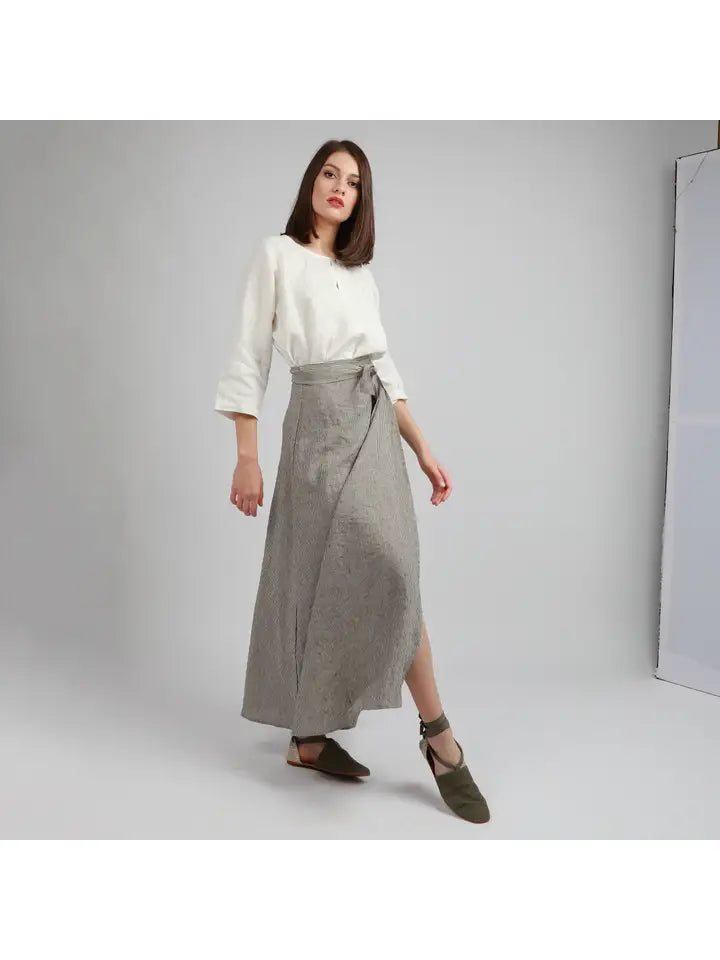 Maxi Wrap Skirt with Long Ties and Front Pleat