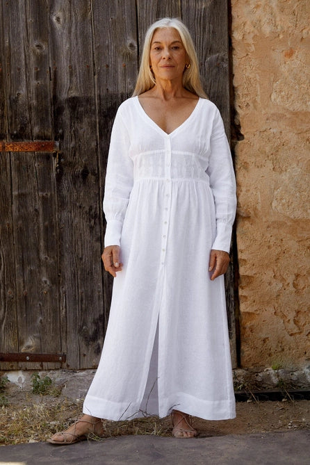 Gertrude Linen Maxi Dress in White by Arkitaip
