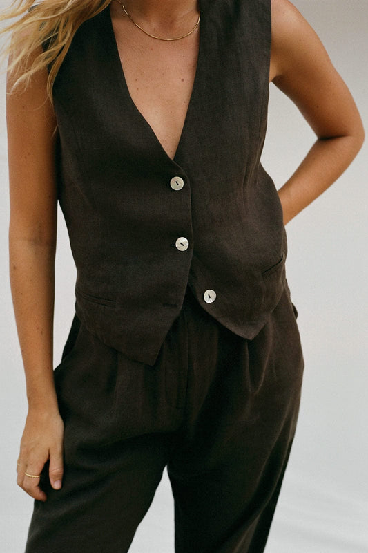 Bobby Linen Vest in Chocolate by Arkitaip