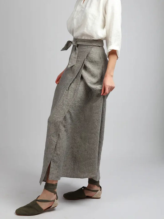 Maxi Wrap Skirt with Long Ties and Front Pleat