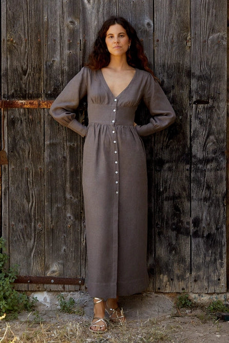 Gertrude Linen Maxi Dress in Mocha by Arkitaip