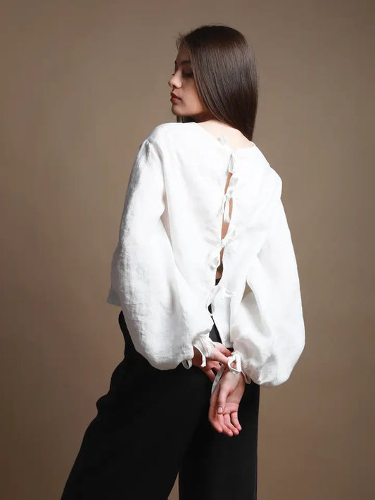 Puff Sleeve Cropped Linen Shirt with Back Ties Off White